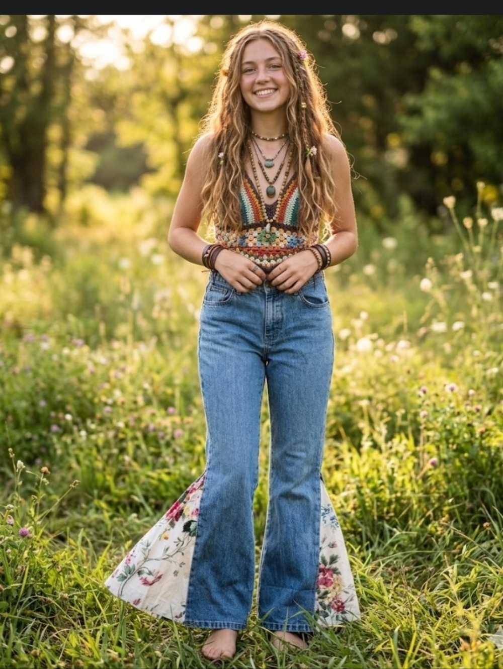 Upcycled boho hippie Jeans 32/29 botanical floral wide leg